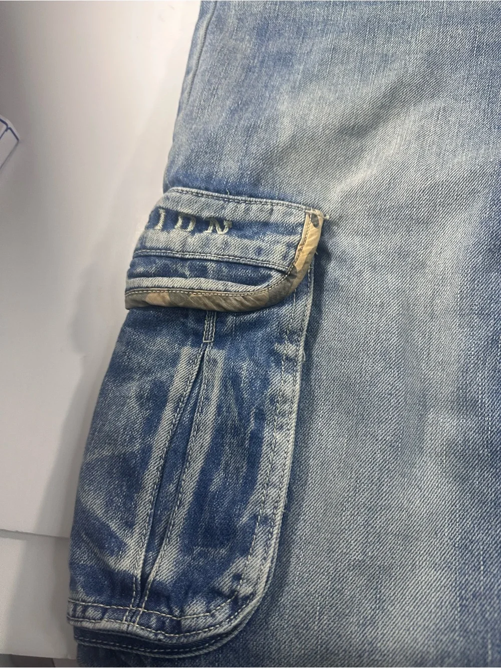 Men’s Cargo Jeans Size 32x31 Blue Denim Camo Trim Utility Multi-Pocket Y2K 90s